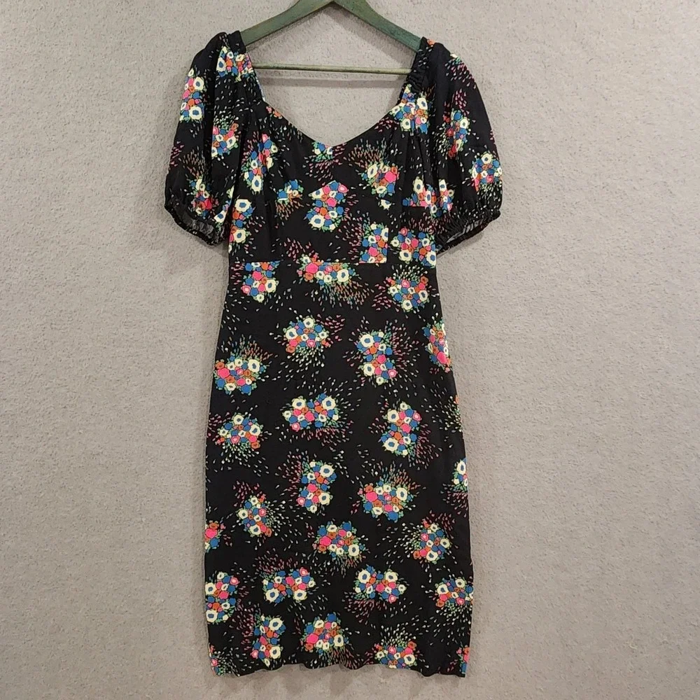 Anthropologie Floral Puff Sleeve Smocked Back Midi Dress Black Multicolor Size 4